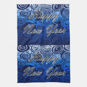 Happy New Year Swirls Blue Kitchen Towel