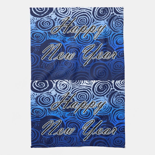 Happy New Year Swirls Blue Kitchen Towel (Vertical)