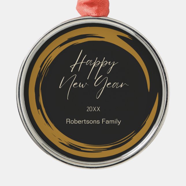 Happy New Year text gold stain ring dark grey Metal Ornament (Front)