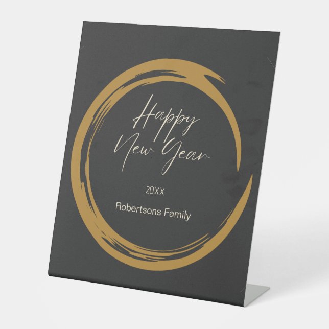 Happy New Year text gold stain ring dark grey Pedestal Sign (Front)