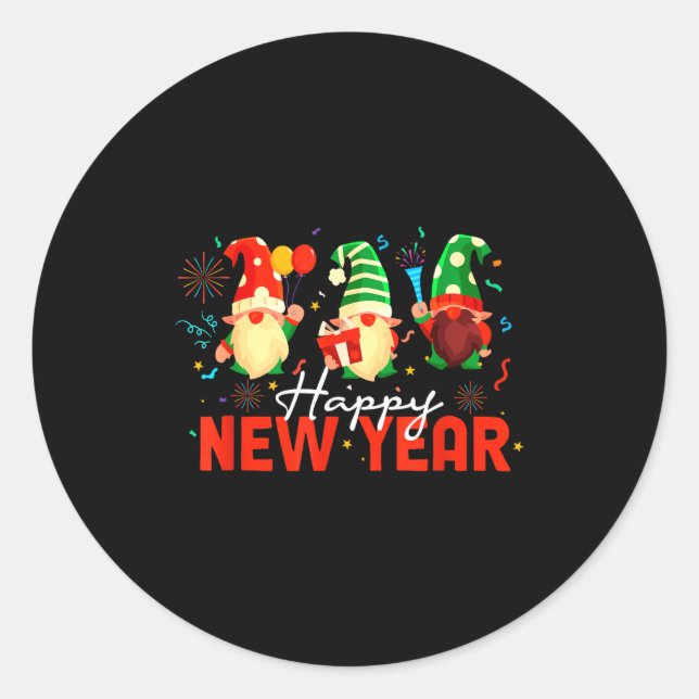 Happy New Year Three Gnomes Fireworks Confetti Nye Classic Round Sticker (Front)
