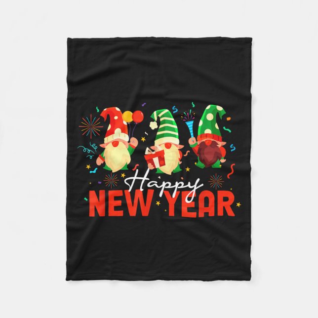 Happy New Year Three Gnomes Fireworks Confetti Nye Fleece Blanket (Front)