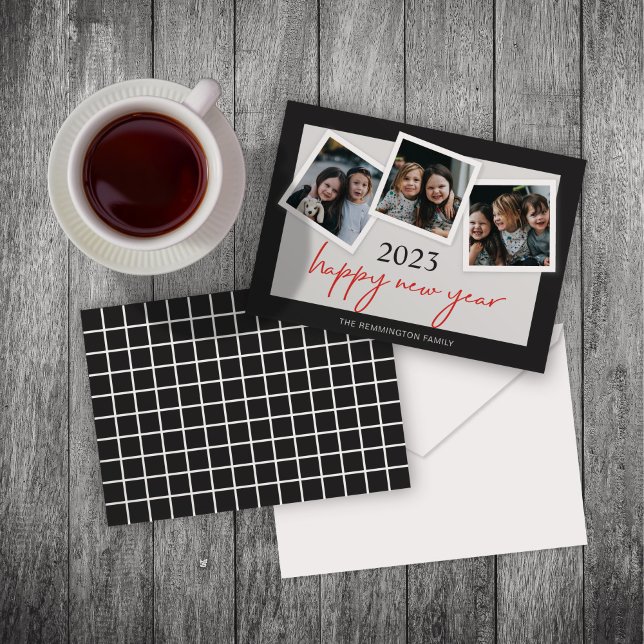 Happy New Year Three Photo Snapshots Holiday Card (Creator Uploaded)