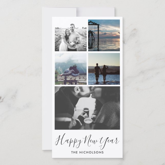 Happy New Year Typography Five Photo Collage Holiday Card (Front)