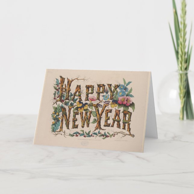  Happy New Year, Vintage Currier & Ives Print Card (Front)