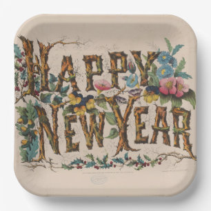 Happy New Year, Vintage Currier & Ives Print Paper Plate