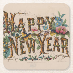 Happy New Year, Vintage Currier & Ives Print Square Paper Coaster