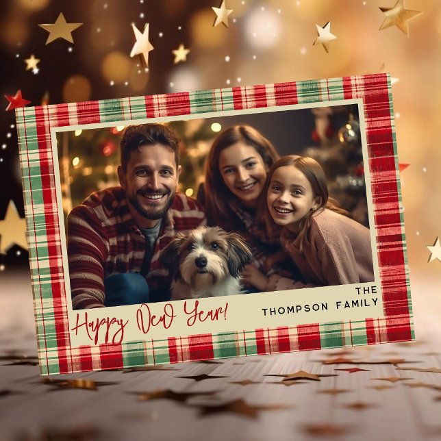 Happy New Year vintage plaid custom photo card (Creator Uploaded)