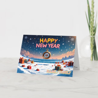 Happy New Year Vintage Pocket Watch Holiday Card