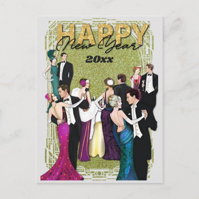 Happy New Year Vintage Retro Art Deco Postcard (Front)