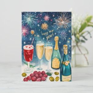 HAPPY NEW YEAR Watercolor Bubbly Fireworks Holiday Card