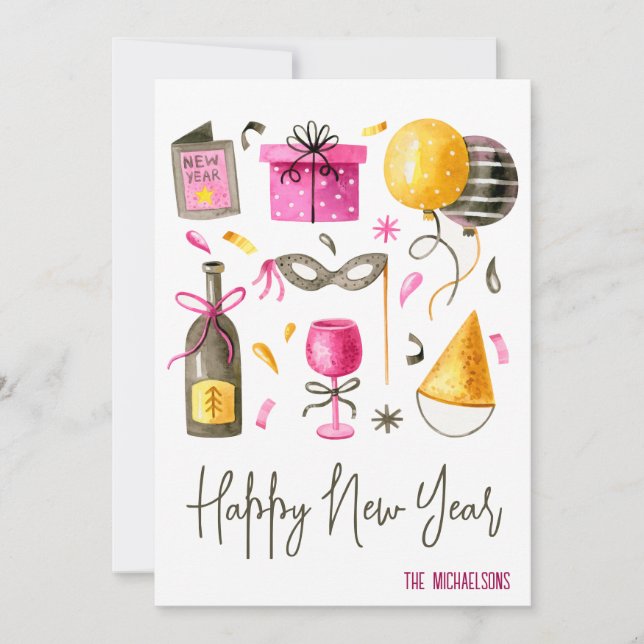 Happy New Year Watercolor Holiday Card (Front)