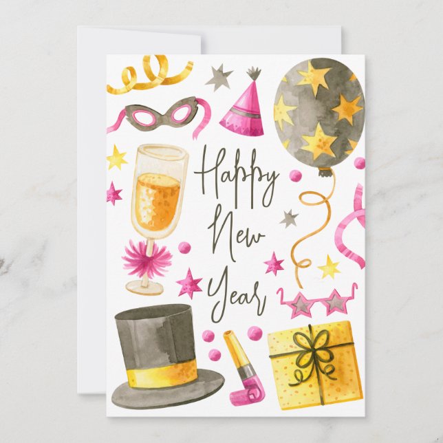Happy New Year Watercolor Holiday Card (Front)