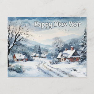 Happy New Year Watercolor Winter Vintage Village  Holiday Postcard