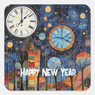 Happy New Year Whimsical Illustration Square Sticker