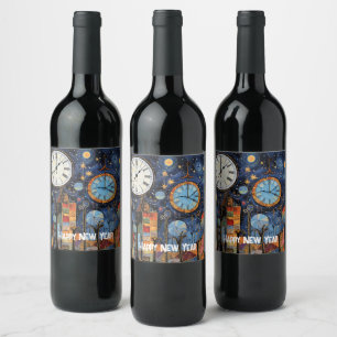 Happy New Year Whimsical Illustration Wine Label