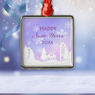 Happy New Year White Snow House Purple Metal Ornament