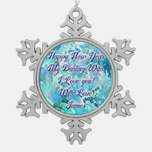 Happy New Year Wife Teal Blue Abstract Snowflake Pewter Christmas Ornament