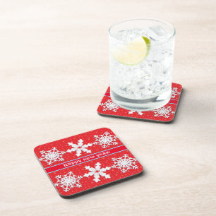 Happy New Year! Winter White Snowflake Red Pattern Coaster
