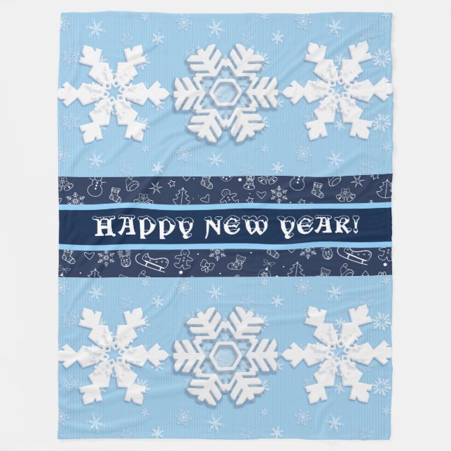 Happy New Year! Winter White Snowflakes Pattern Fleece Blanket (Front)