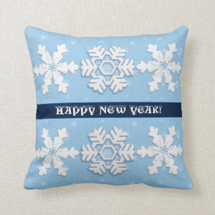 Happy New Year! Winter White Snowflakes Pattern Throw Pillow
