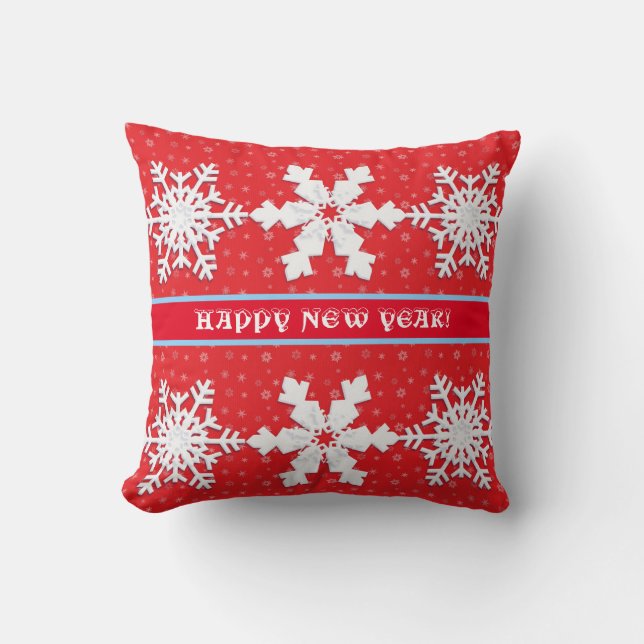 Happy New Year! Winter White Snowflakes RedPattern Throw Pillow (Front)