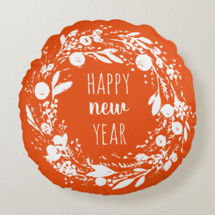 Happy New Year Winter Wreath Round Throw Pillow