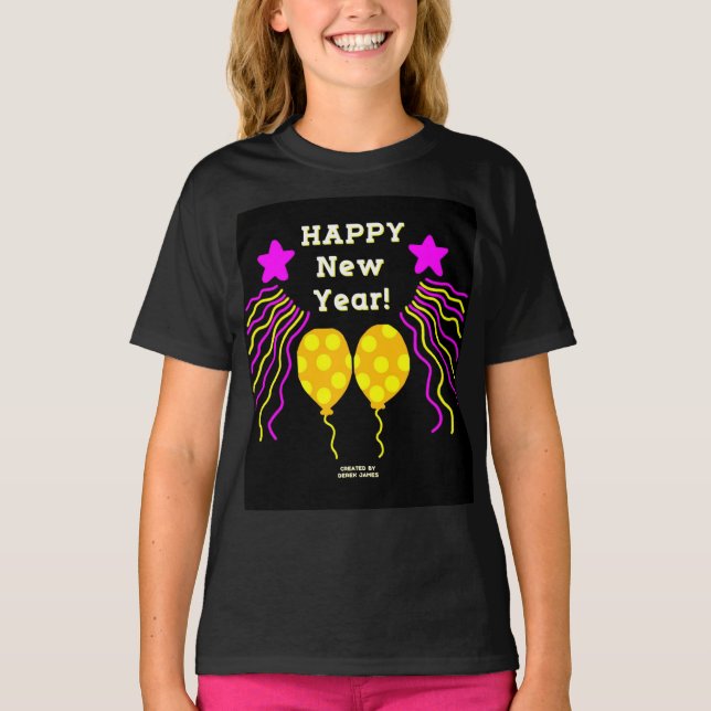 Happy New Year Wishes Girls Black Basic T Shirt (Front)