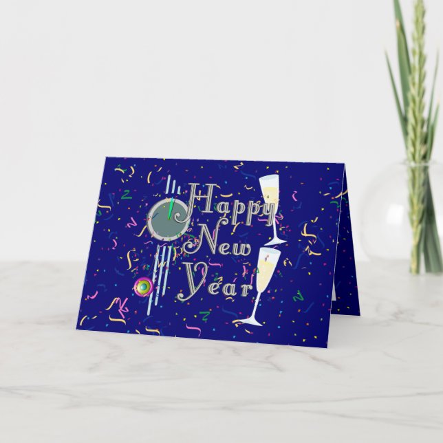 Happy New Year With Champagne & Confetti Holiday Card (Front)