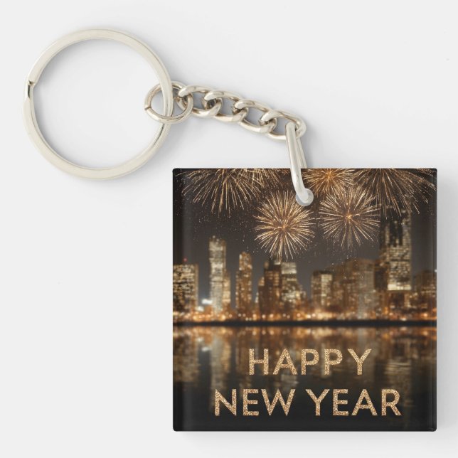 "Happy New Year" with Fireworks over a City Keychain (Front)
