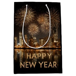 "Happy New Year" with Fireworks over a City Medium Gift Bag