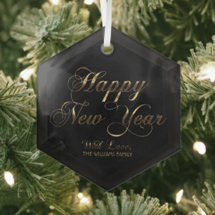 Happy New Year With Love Add Name Black and Gold Glass Ornament