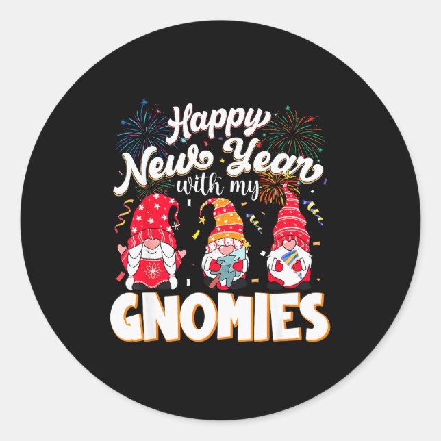 Happy New Year With My Gnomies Fireworks Kids Men  Classic Round Sticker (Front)