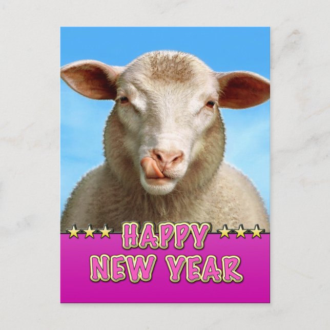 HAPPY NEW YEAR with sheep Lucie Holiday Postcard (Front)