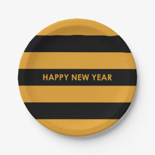 Happy New Year Yellow and Black Paper Plate