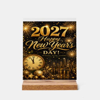 Happy New Year's Day 2027 | Luxury Gold Fireworks Acrylic Sign