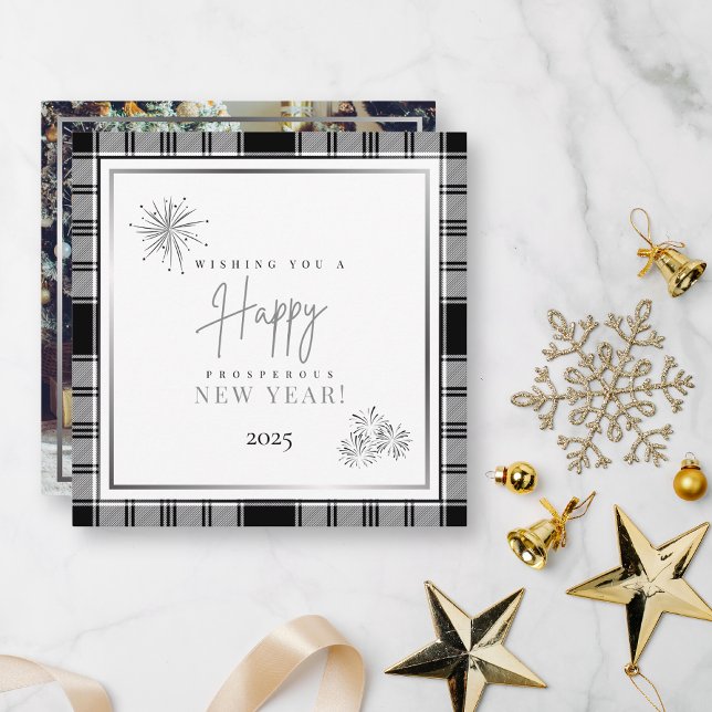 Happy New Years Simple Black & White Plaid Photo Card (Creator Uploaded)