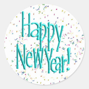 Happy New Years Text Turquoise Classic Round Sticker