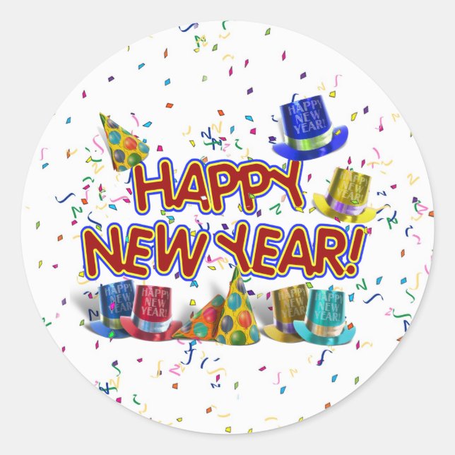 Happy New Years Text w/Party Hats & Confetti Classic Round Sticker (Front)