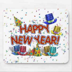 Happy New Years Text w/Party Hats & Confetti Mouse Pad