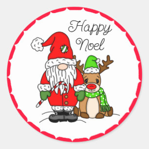 Happy Noel Gnome Santa and Reindeer Christmas Classic Round Sticker