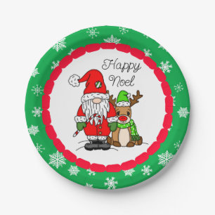 Happy Noel Gnome Santa and Reindeer Christmas Paper Plate