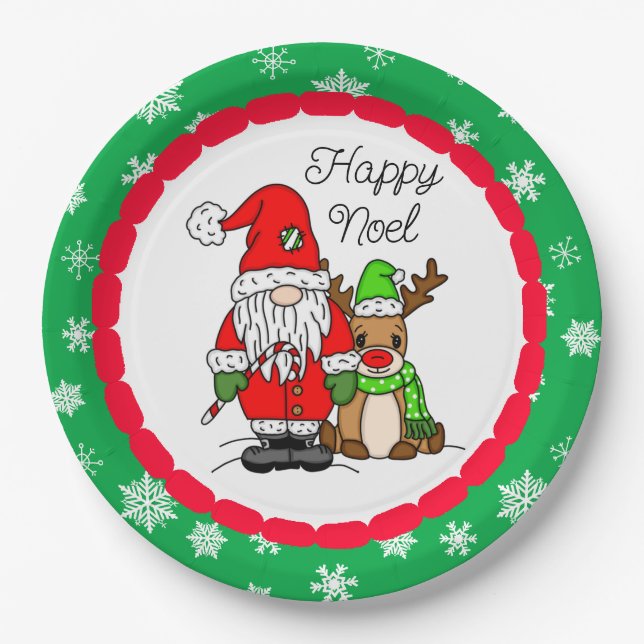Happy Noel Gnome Santa and Reindeer Christmas   Paper Plate (Front)