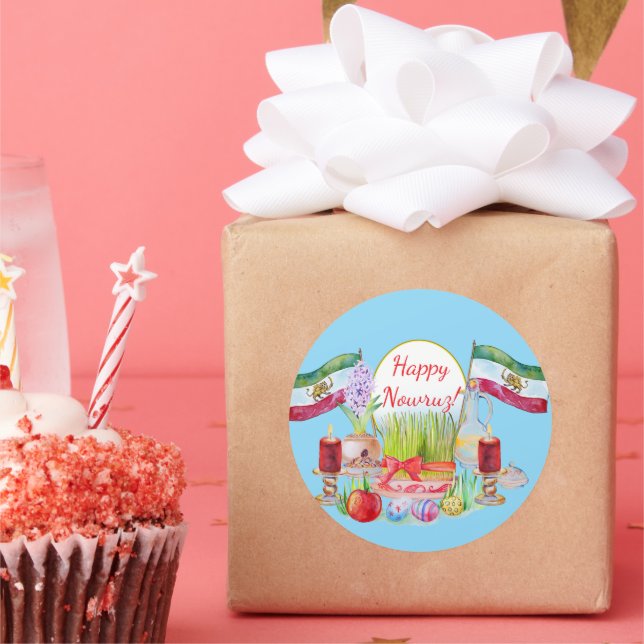 Happy Norooz Haft Sin with Lion and Sun Flags Classic Round Sticker (Party)