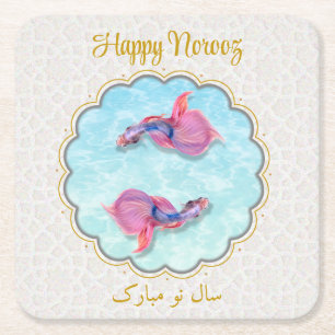 Happy Norooz Mubarak Colourful Fish Orient Pattern Square Paper Coaster
