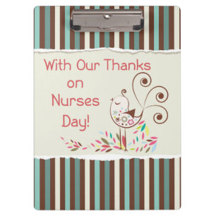 Happy Nurses Day, Cute Bird on Stripes Clipboard