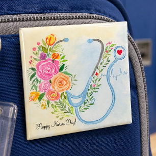 Happy Nurses Day Floral Stethoscope Appreciation 2 Inch Square Button