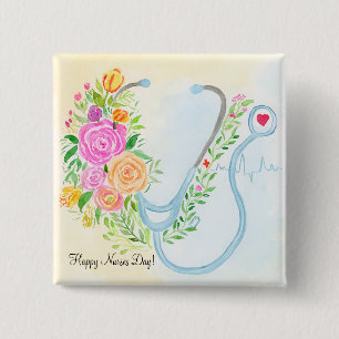 Happy Nurses Day Floral Stethoscope Appreciation 2 Inch Square Button