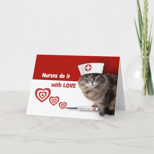 Happy Nurses Day. Funny Kitty Wearing Nurse Cap Card (Front)