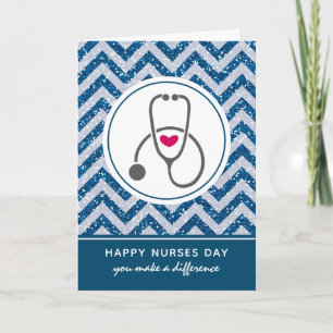 Happy Nurses Day Grey Stethoscope on Blue Chevron Card